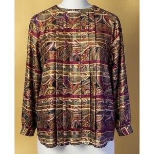 Westbound Vintage Paisley Gold Burgundy Silky Sheer Pleated Front Blouse Size 10